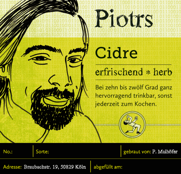 Etikett für einen Cidre mit dem gezeichneten Portrait eines Mannes – außerdem fand ein vorher verschmähtes Detail aus einer anderen Illustration hier Verwendung