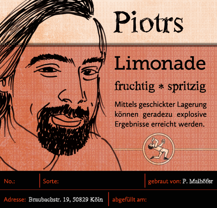 Etikett für eine Limonade mit dem gezeichneten Portrait eines Mannes – außerdem fand ein vorher verschmähtes Detail aus einer anderen Illustration hier Verwendung