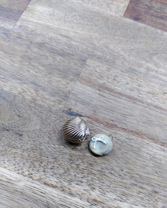 Puderdose zum Sturmgrünen Waschraum, sie hat die Form einer Muschel und liegt mit einem sehr kleinen Puderschwamm auf einem Holzuntergrund