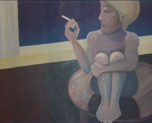 Acrylbild: nackte rauchende Frau, auf einem runden Tisch sitzend