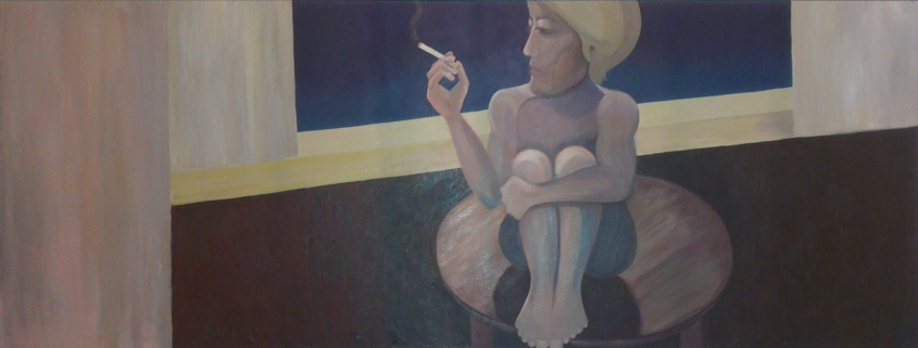 Acrylbild: nackte rauchende Frau, auf einem runden Tisch sitzend