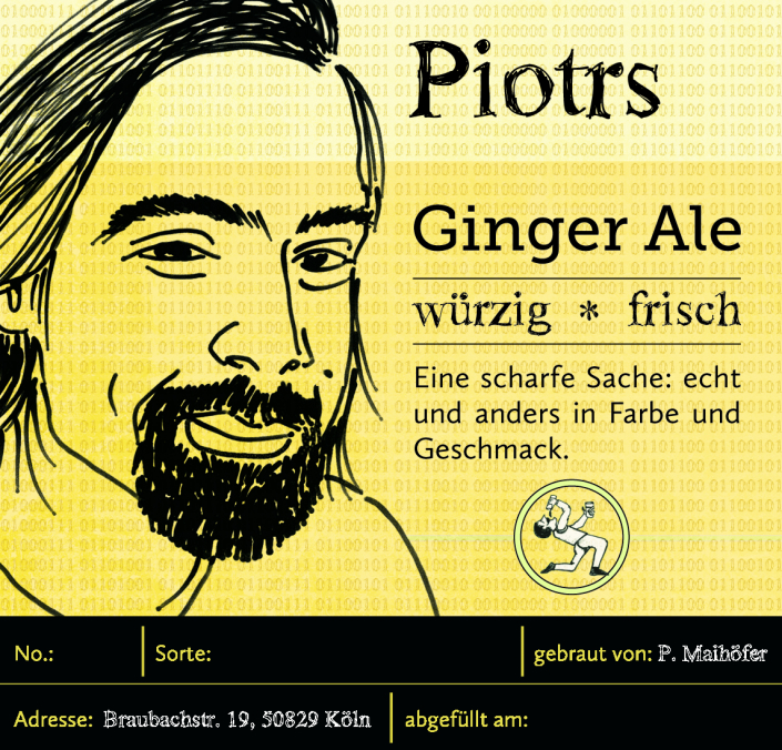 Etikett für ein Ginger Ale mit dem gezeichneten Portrait eines Mannes – außerdem fand ein vorher verschmähtes Detail aus einer anderen Illustration hier Verwendung