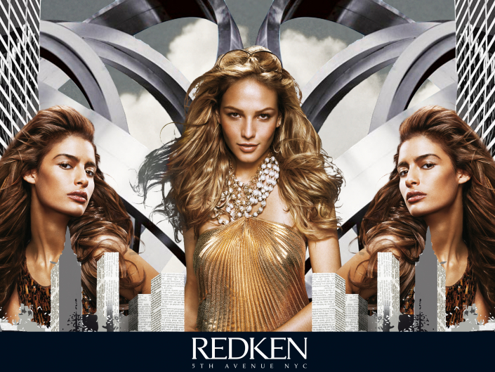 Redken-Collage Triptychon mit drei Frauenfotos in Gold- und Bronzetönen und architektonischen Details