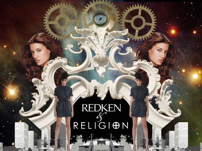 Collage aus Frauenkörpern, Architektur-Elementen, einem Puppenauge, Zahnräder und einem farbigen Sternenhimmel, unten Logos von Redken und Religion