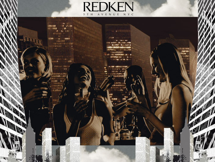 Collage aus eines Foto von vier Frauen in Duplex-Braun und architektonischen Elementen Wolkenkratzer oben ein Redken-Logo