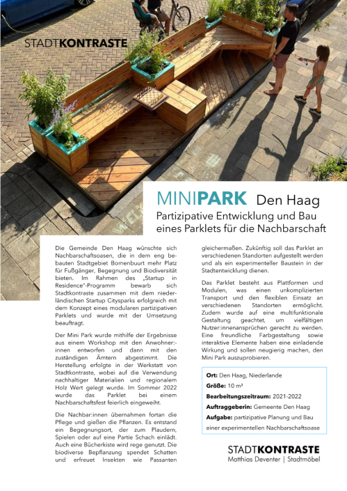 Infoblatt zum Parklet von StadtKontraste, das Anstoss zu Entwurf und Herstellung eigener Stadtmöbel für die Stadt Köln wurde – die dann zuerst auf der Deutzer Freiheit standen
