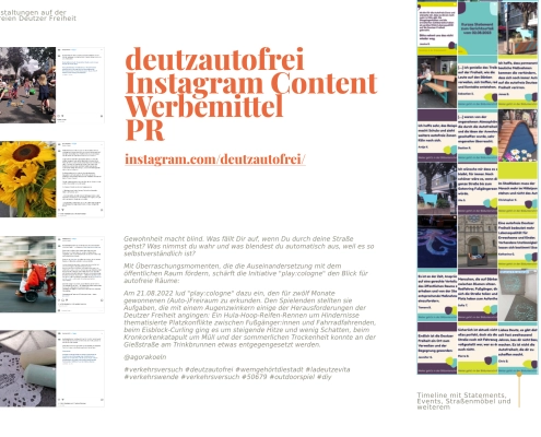 Übersicht einiger Arbeitsbeispiele für deutzautofrei mit Social Media, Werbemitteln und PR