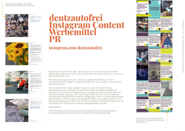 Übersicht einiger Arbeitsbeispiele für deutzautofrei mit Social Media, Werbemitteln und PR