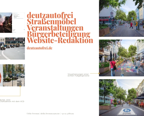 Übersicht einiger Arbeitsbeispiele für deutzautofrei mit Straßenmöbeln, Veranstaltungen, Bürgerbeteiligung und Website-Redaktion