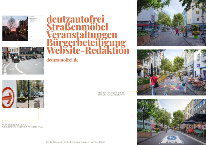 Übersicht einiger Arbeitsbeispiele für deutzautofrei mit STraßenmöbeln, Veranstaltungen, Bürgerbeteiligung und Website-Redaktion