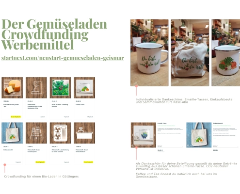 Übersicht einiger Arbeitsbeispiele für Der Gemüseladen Geismar mit Werbemitteln und Crowdfunding