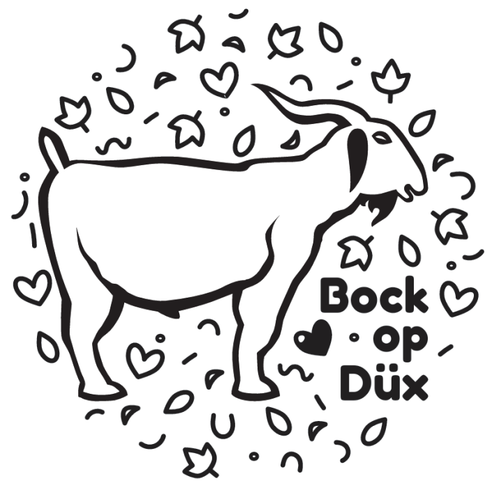 Zeichnung vom Düxer Bock mit dem Claim Bock op Düx und Streu-Deko, kam zum Einsatz als Siebdruck auf Einkaufsbeuteln und Shirts