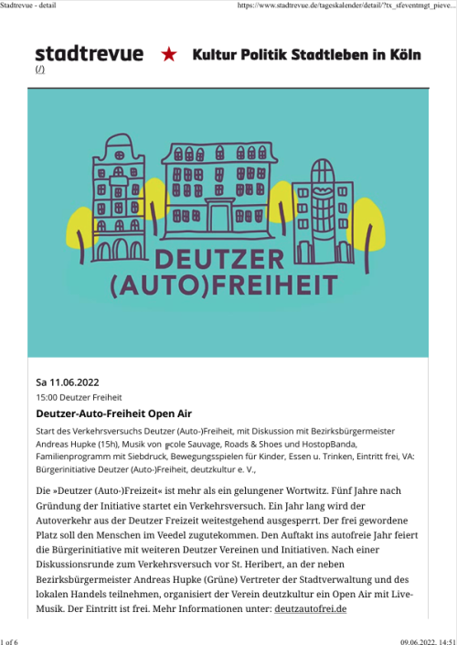 Tagestipp bei der Stadtrevue zum Start der Autofreiheit auf der Deutzer Freiheit