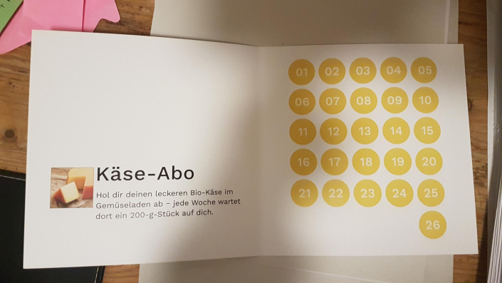 Innenseite der Sammelkarte fürs Käse-Abo